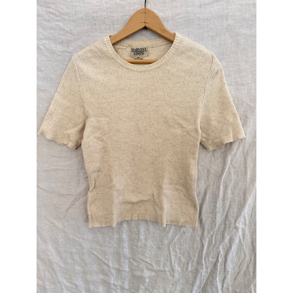 Harvest Linen Womens Cream Ribbed Cotton Linen Knit Short Sleeve Top Size M/L